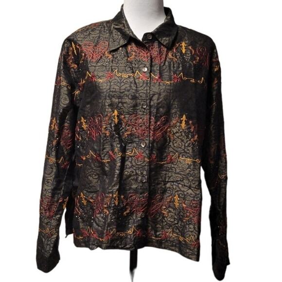 Vintage Chico's Design 100% Silk Embroidered Shacket Women's 12 Art to Wear Boho - Picture 1 of 8